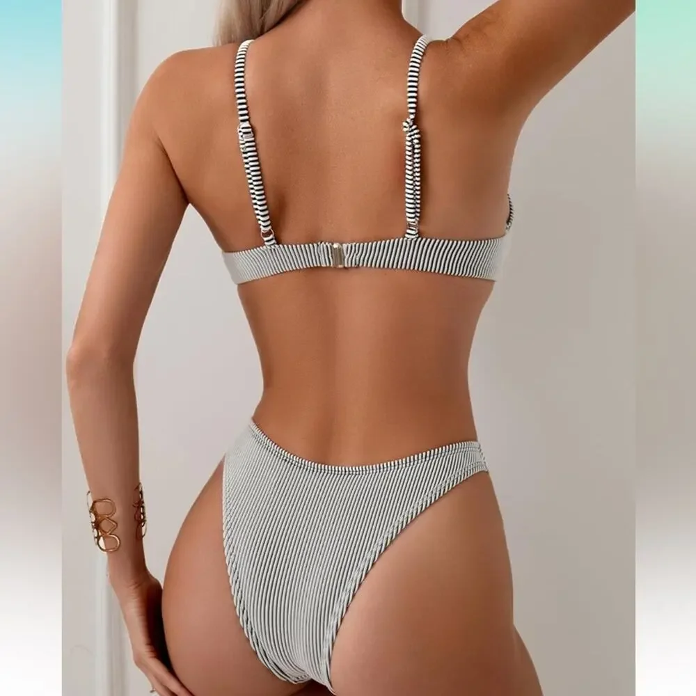 Fanuerg-Black/white Striped Bikini- L